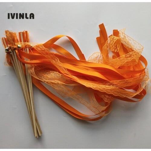 50pcs/lot orange Lace wedding ribbon wands with sliver bell for wedding decoration