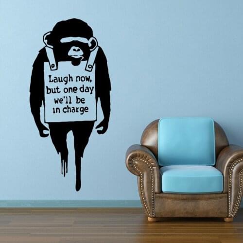 BANKSY Monkey With Quote Laugh Now WALL STICKER Home Decor Chimp With Text Street Graffiti Art Vinyl Decals House Decoration