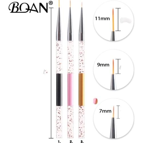 BQAN 3Pcs 7/9/11mm Nail Art Brush Crystal Acrylic Thin Liner Drawing Pen Painting Stripes Flower Side Nail Art Manicure Tools