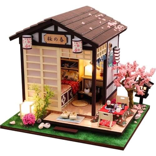 DIY Wooden Casa Japanese Dollhouse Kit Assembled Miniature Furniture Light Doll House with Cherry Blossoms Toys for Adult Gifts