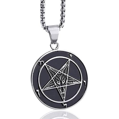 Hexagram Church of Satan Necklaces Round Pendant Stainless Steel Satanic Lucifer Necklace for Men Woman Jewelry