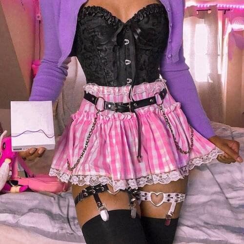 Harajuku Cute Women Pink Plaid Lace Skirts High Waist Lace Ruffles Pleated Skirts Japanese Kawaii Cosplay Party Mini Skirts Y2k
