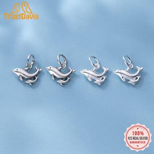 TrustDavis Real 925 Sterling Silver Fashion 2021 Sweet Double Dolphins Charm Pendant Handmade DIY Accessories Fine Jewelry DZ202