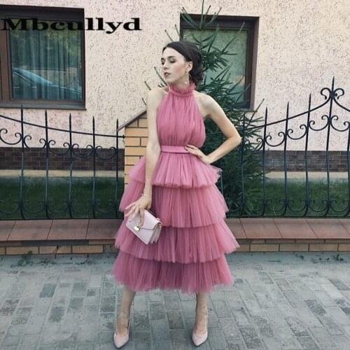 Mbcullyd Tea Length Long Evening Dress For Women 2020 Sexy Halter Neck Middle East Tulle Prom Dresses Robe De Soiree Cheap Sale