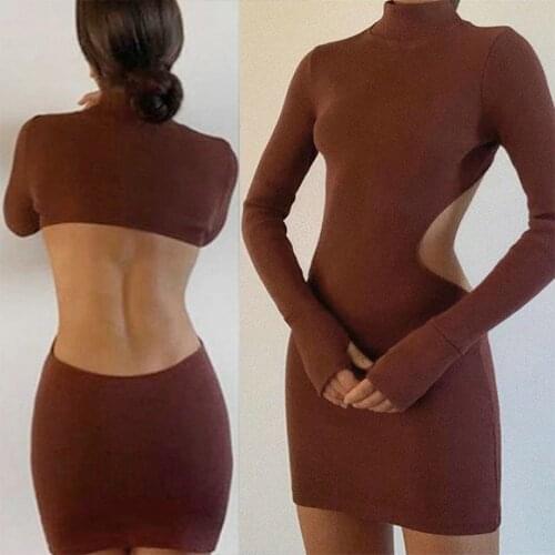 Fashion Mini Bodycon Dress Sexy High Neck Halter Tight-Fitting Buttocks Solid Color Dress Long Sleeve Pencil Skirt