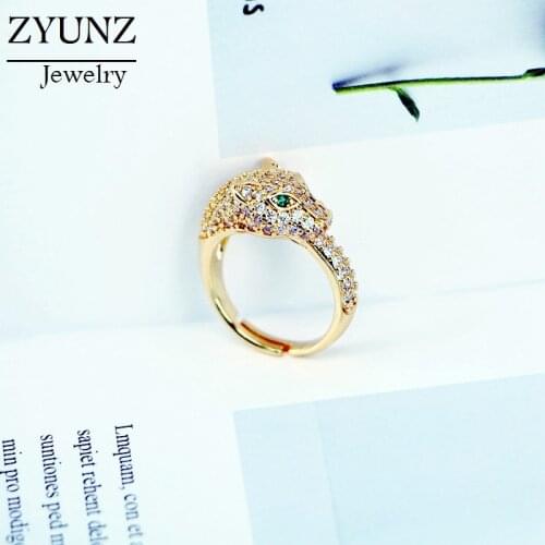 4PCS, Fashion leopard head design gold color zircon wedding ring men and women open ring fashion jewelry