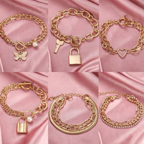 Punk Gold Multi-layer Butterfly Lock Heart Chain Bracelets Set Retro Geometric Snake Pendant Charm Bracelet 2021 Trend Jewelry