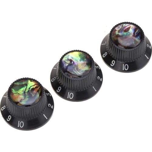 Musiclily Pro Plastic Metric Size Abalone Top Strat Knobs for Squier ST Style Guitar, Black (Set of 3)
