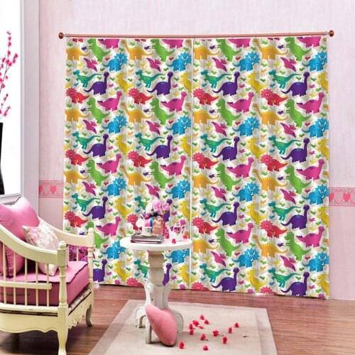 Custom Cartoon Cute Colorful Dinosaur Polyester Window Curtains For Living Room Bedroom Animal Blackout Drapes Decor Sets