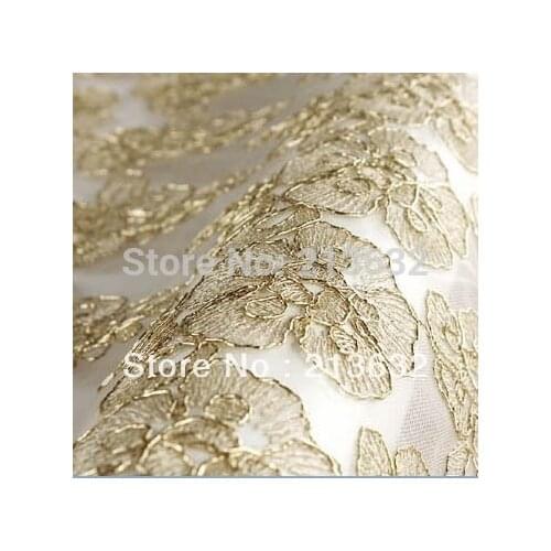 Hot Golden France Lace Flower Rose Embroidery Table Cloth Flowers Wedding Flower Fabric Spun Gold Garment Lace Yard Organza Lace