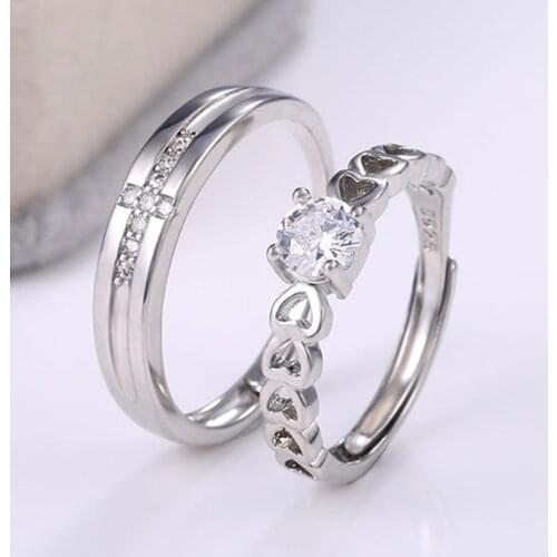 Romantic Couple Rings for lovers adjustable Fashion Crystal Heart Women Rings/Simple Zircon Men Ring Wedding Band Gift