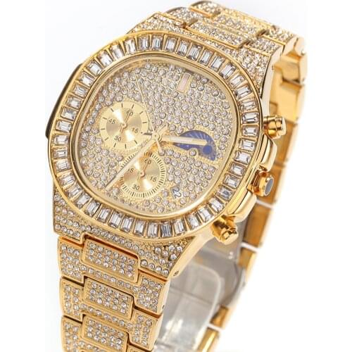 Luxury Men Gold Color Watch Fashion Casual Multifunctional Waterproof Calendar Watch Hip-hop Ice Out Cuban Watch For Men