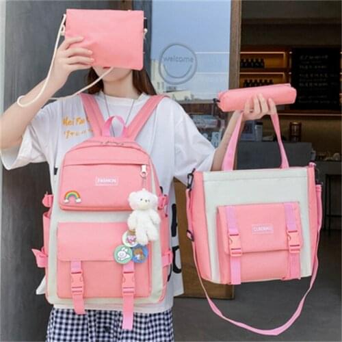 Fashion 4 Pcs Set Women Laptop Backpack Canvas School Bags For Teenage Girls College Student Kids Book Bag Rucksack 2021