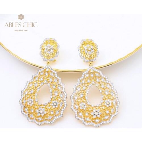 Solid 925 Silver Wedding Lace Pattern Chanderlier Earrings 18K Gold Tone CZ Paved Stud Earring Premium Bridal Fine Jewelry