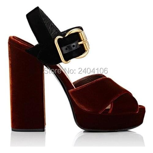 Shooegle Brand Sexy Runway Shoes Mixed Colors Peep Toe Extreme High Velvet Pumps Buckle Strap Block Heel Platform Sandals Women