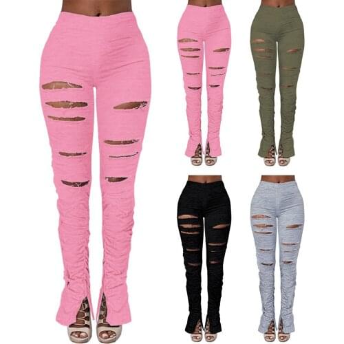 Plus size Women High Waist Stacked Sweatpants Ripped Holes Fitness Ruched Pants Trousers Holes Fitness Ruched Pants Trousers