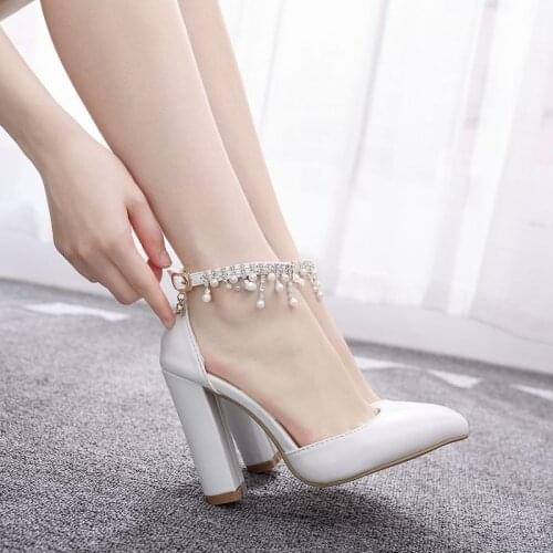 Women Pumps Shoes Dress Buckle Strap Pointed Toe Square heel 10.5CM Sexy High Heels Shoes Womens Wedding Shoes Party