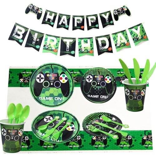 Video game decoration boy paper plate cup napkin balloon and happy birthday banner birthday party decoration baby shower