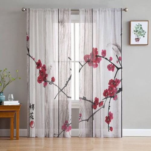 Vintage Wood Textured Ink Plum Blossom Voile Tulle Sheer Curtains for Bedroom Living Room Kitchen Decor Chiffon Windows Curtain