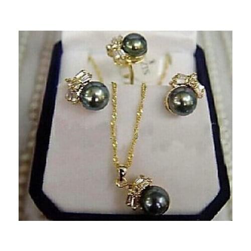 Jewelry CHARMING 100% Natural Black Pearl Earring Ring & Necklace Set-Bride jewelry