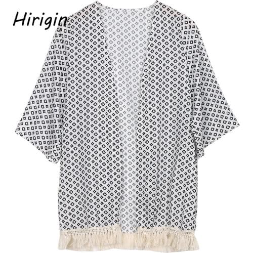 2020 Summer women Beach Cover-ups Tassel Cardigan Coat Long sleeve cover ups Geometry Print Summer Chiffon Shawl Kimono Cardigan