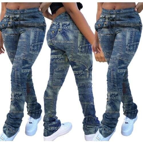 2020 New Arrival High Waisted Jeans For Ladies Skinny Bell Bottom Denim Patchwork Stacked Jeans Pants
