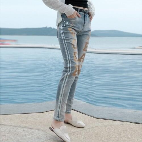 High Street Skinny Jeans Woman Summer Fashion Letter Ankle Length Pants Blue Casual High Waist Denim Penicl Pants Plus Size