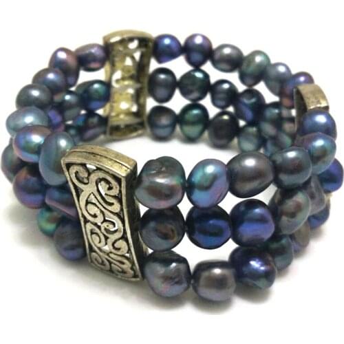 7.5 inches 3 rows 6-7mm Dark Gray Natural Baroque Nugget Pearl Tibetian Silver Elastic Women Bracelet