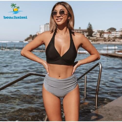 Beachsissi 2021 Sexy Bikini Set Swimsuits Women High Waist Swimwear Halter Neck Stripe Print Beachwear Bathing Suits Hot Sale