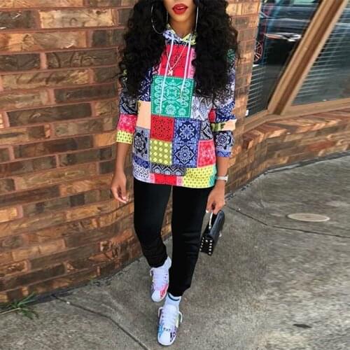 Women Ling Sleeve Casual Vintage Printed Hooded Sweatshirt Hoodies Top