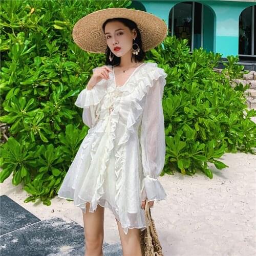 High Quality Summer Design Women Beach Chiffon V-neck Dresses Hollow Out Ruffles Dress Holiday Sexy Fashion White Party Dresses