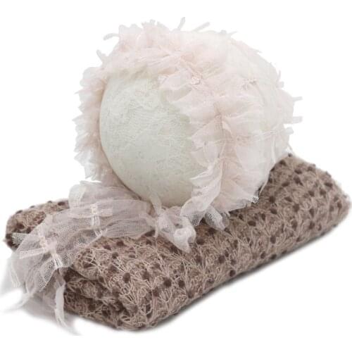 2Pcs Newborn Photography Props Fluffy Stretch Knit Wrap Cute Mesh Hat Set Baby Infant Blanket Cap Photo Backdrops Kit