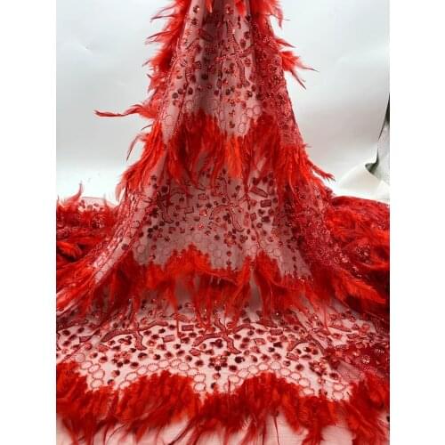 5yards/pc) High grade tube beads and sequins embroidered feather French net lace red African party lace fabric for dress FXZ073