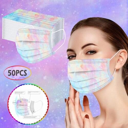 50pc Colorful Disposable Face Masks For Women Tie Dye Designer Protec 3ply Layers Pm2.5 Mouth Mask No Decoration Masque