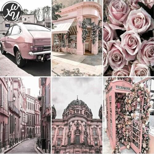 Diamond Mosaic Pink Flowers Full Drill 5D Diamond Painting Kit for Adults Street Landscape Embroidery Cross Stitch Kit for Decor