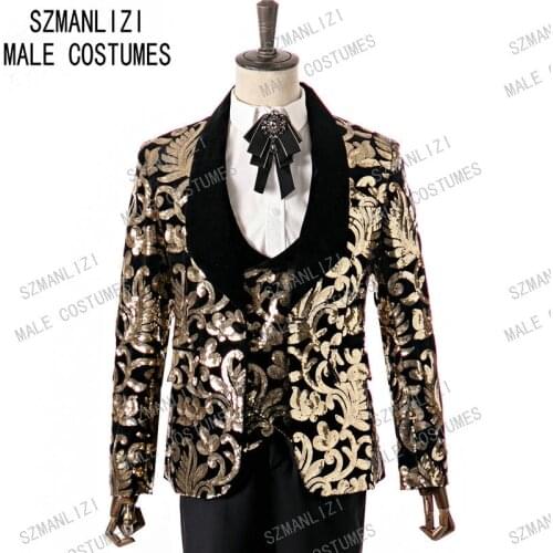SZMANLIZI 2020 Tailor Made Men Suit Gold Sequin Floral Smoking Blazer 3 Pieces Groom Suit Wedding Suits For Men Slim Fit Tuxedos