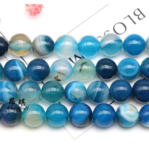 Natural Stone Blue Stripe Agates Round Loose Beads 4/6/8/10/12mm Pick Size For Jewelry making DIY Charm Bracelets Necklaces 15
