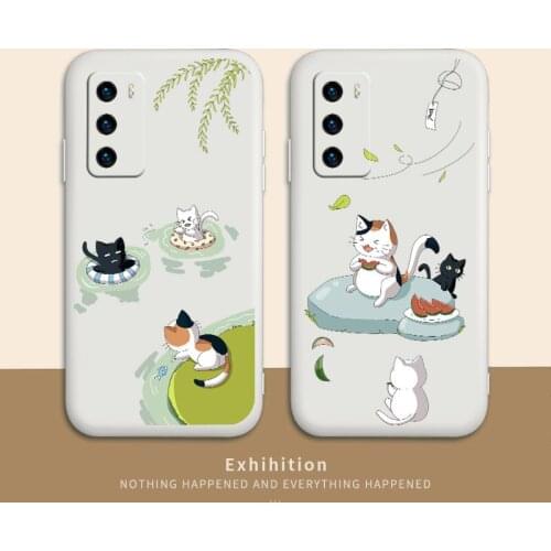 Cat Swimming Phone Case For Huawei P40 P40Lite P30 P20 Mate 40 40Pro 30 20 Pro Lite P Smart 2021 Y7a Liquid Silicone Cover
