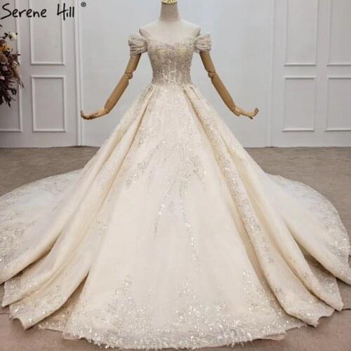 Dubai Champagne Luxury Sexy Sparkle Wedding Dresses 2020 Beading Pearls Sleeveless Sexy Bridal Dress HX0141 Custom Made