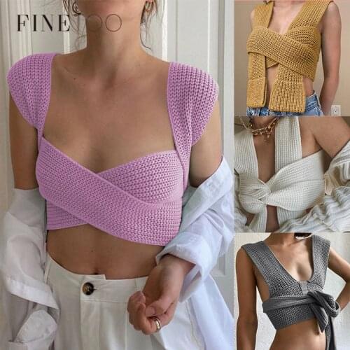 FINETOO Fall Winter Knitted Crop Tops Sweaters Sleeveless Pullover Female Bandage Sweater Solid Chic Fashion Top Women DIY Tops