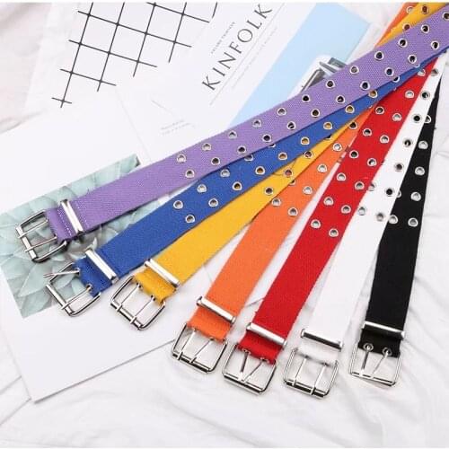 Hot Designer Harajuku Belt Canvas Double Grommet Hole Buckle Belt Men or Female Fashion Streetwear Solid color Unisex Waist Belt