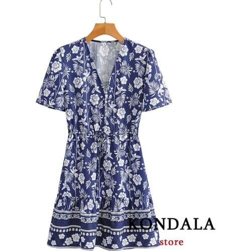 KONDALA Women Dress Za Fashion Flower Print Vintage Mini Dress Summer 2021 V Neck Sexy Dresses Short Sleeve Mujer Vestidos