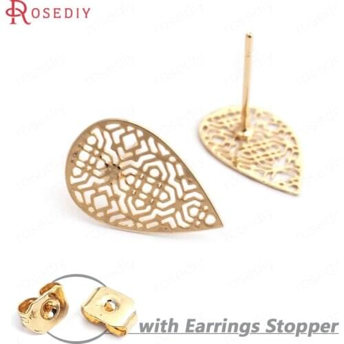 35227)10PCS 16x10MM 24K Gold Color Brass Hollow Drop Shape Stud Earrings High Quality Diy Jewelry Findings Accessories