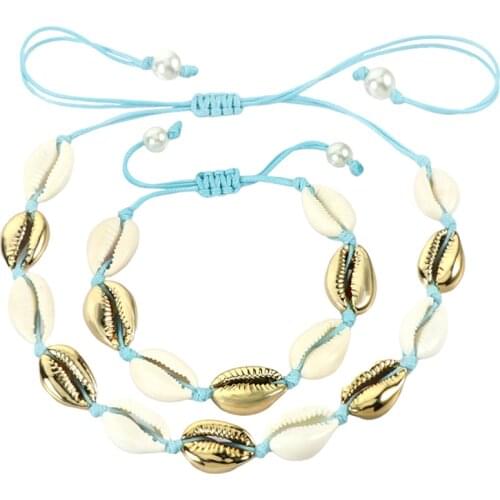 Hot Shells Necklaces Bracelets Set Natural Sea Conch Braid Chain Choker Bangles Charms Girls Best Friend Gifts Handmade Jewelry