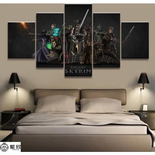 Home Decor Modular Canvas Picture 5 Piece Elder Scrolls V Skyrim Game Painting Poster Wall For Home Canvas Painting Wholesale