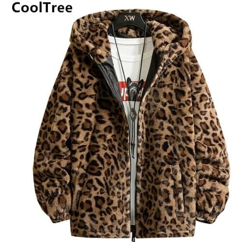 CoolTree Men Leopard Jacket Autumn Winter Plus velvet Thick Warm Hooded Coats Male Fashion Hip Hop Loose Outerwear Streetwear