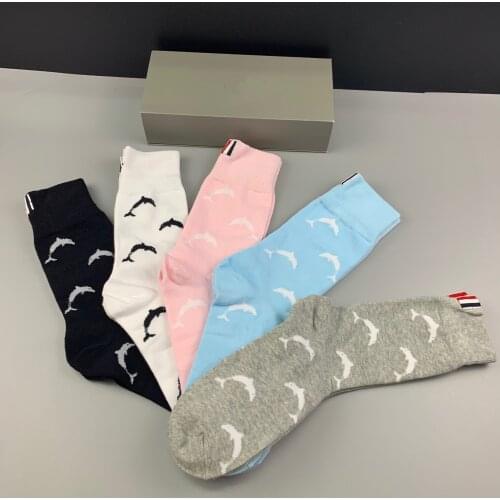 NEW 2021 Fashion TB Brand Socks Men Women Cotton Striped Casual Crew Socks Hip Hop Dolphin Pattern Medium Socks Ins 5 Pairs