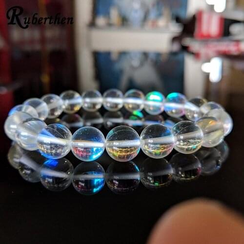 Ruberthen New Design 10 mm Crystal Bracelet for Men Iridescent Rainbow Lab. Created Crystal Bead Bracelet for Men
