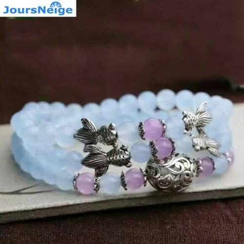 Wholesale Blue Natural Chalcedony Crystal Bracelets 6mm beads Tibetan Silver Crystal Bracelet for Women Multilayer Jewelry