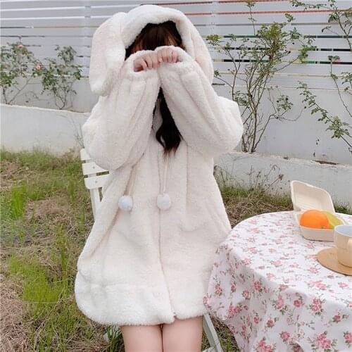 Autumn Winter Gothic Harajuku Couple Hoodies Cute Rabbit Ears Black Hooded Outwear Women Sweet Korean Loose Warm Plush Coats